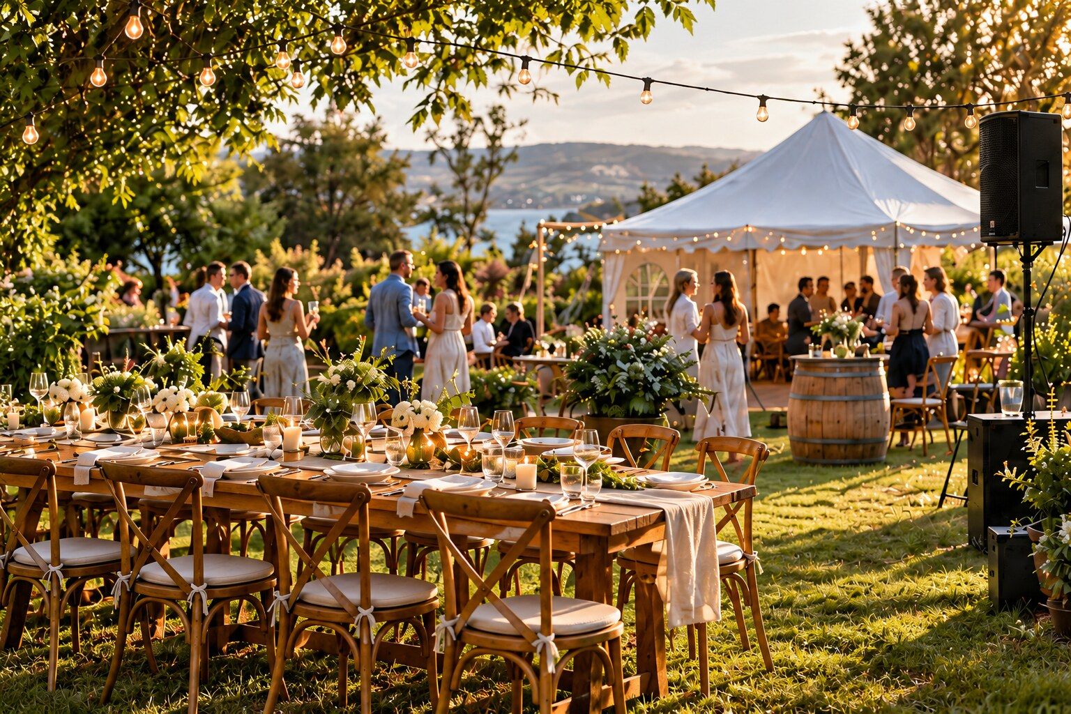 Outdoor celebration with a white marquee, festoon lights, timber tables and a sound system.