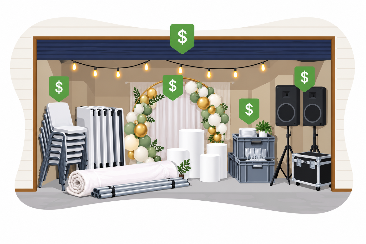 Garage with items for hire, each marked with a dollar sign on Sharehub NZ